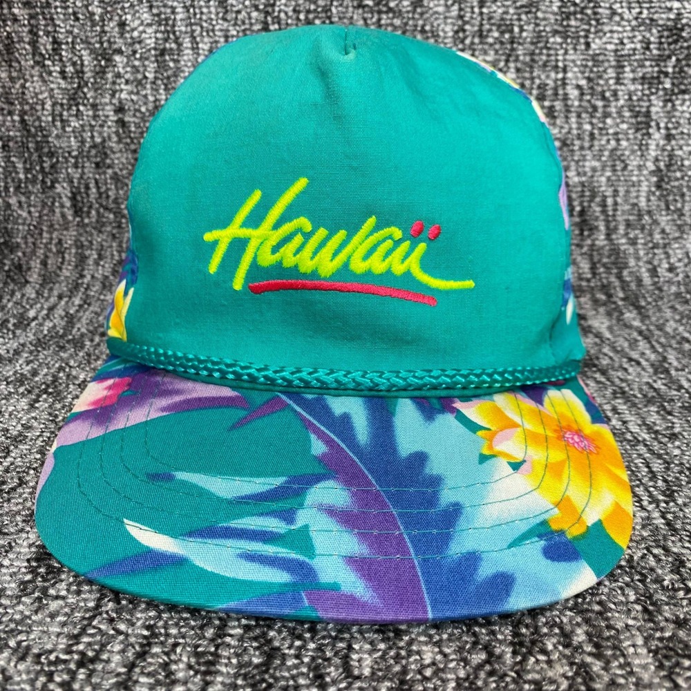 VTG Hawaii Hat Hawaiian Headwear Snapback Cap Floral Tropical Teal 80s 90s Rope